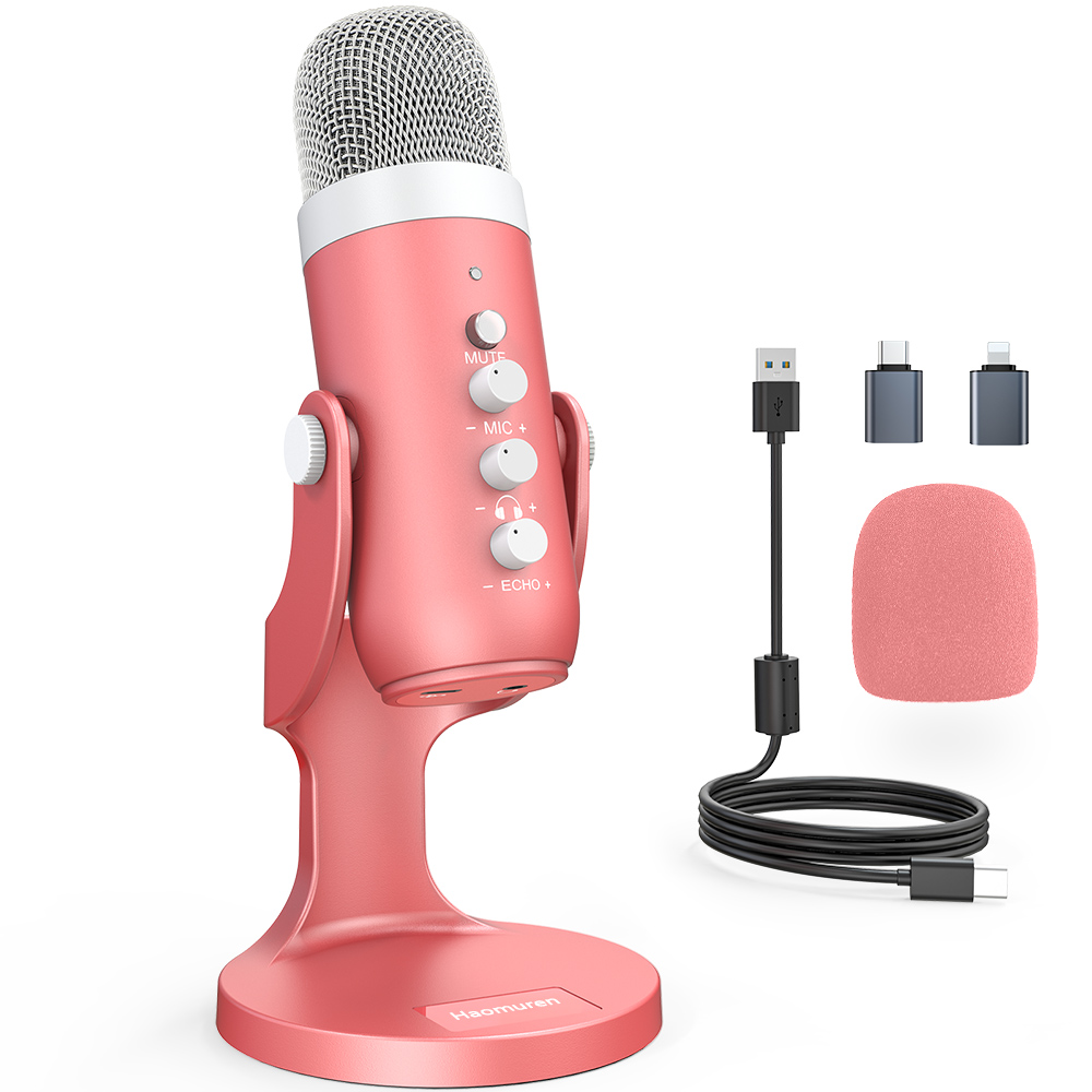 Streaming Mic Condenser - Haomuren USB Kondenser Mikrofon Pembe Stüdyo